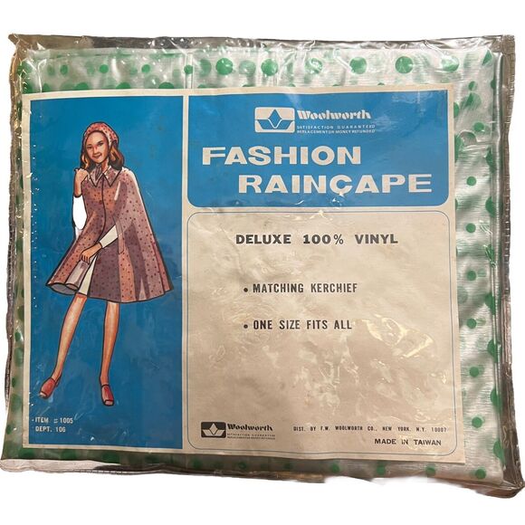 Vtg Retro Raincape & Kerchief Vinyl Clear Green Polka Dots Woolworth’s Primstyle - Picture 1 of 5